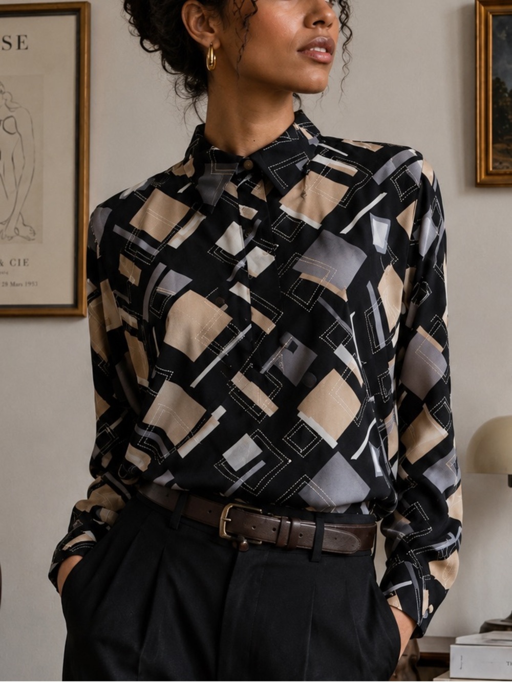 Alfred Dunner Vintage 80s Geometric Blouse Preppy Twee Top Medium